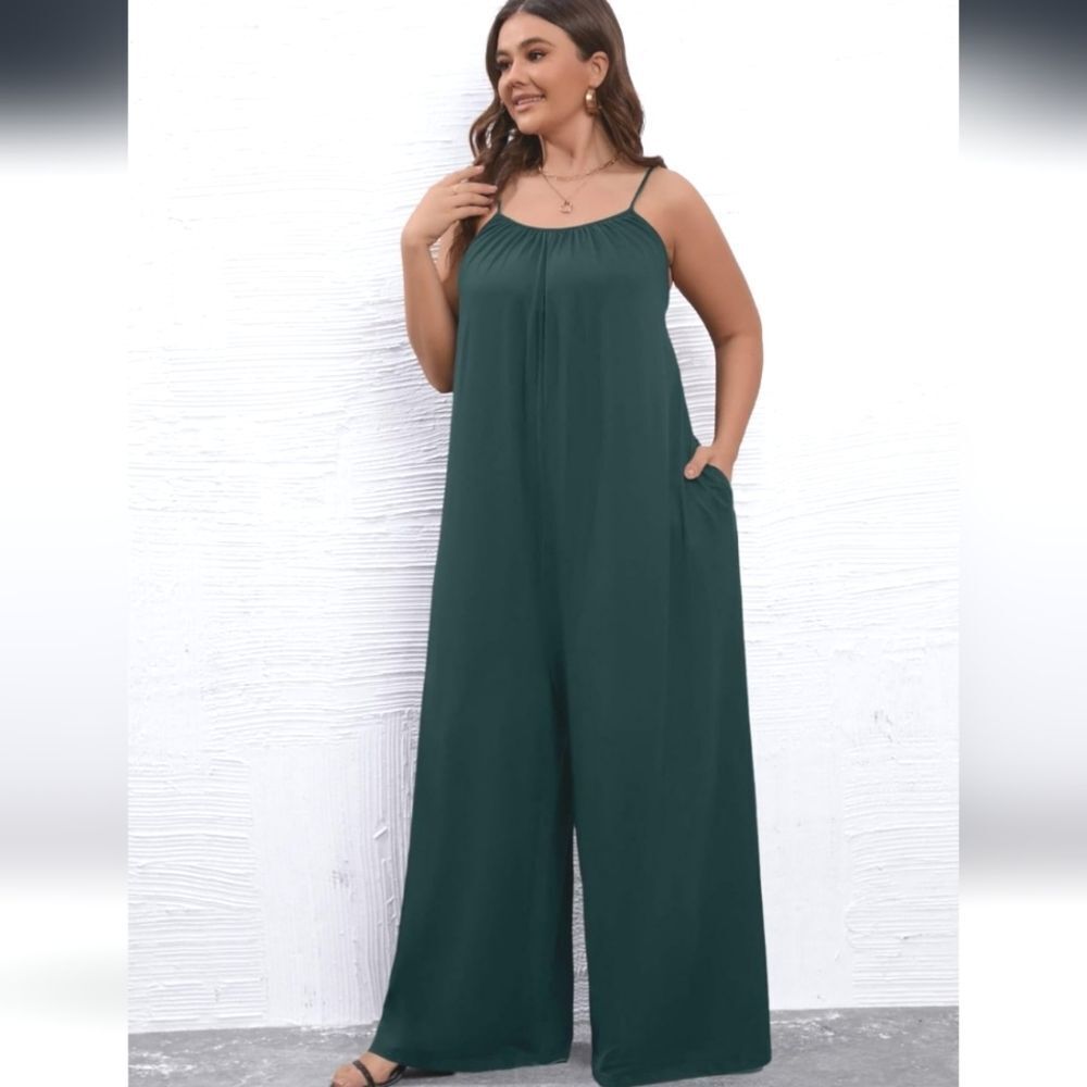 Plus Size Forest Green Spaghetti-Strap Wide-Leg Jumpsuit
